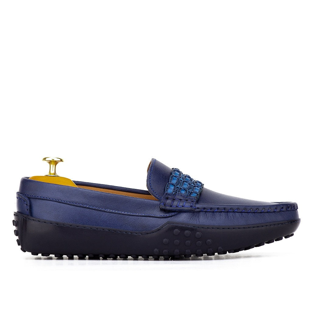 0114 Mocassins Homme en cuir bleu-marin