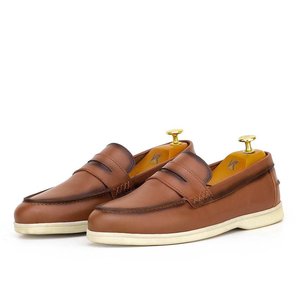 0109c Chaussures Homme Mocassins sports en cuir tabac