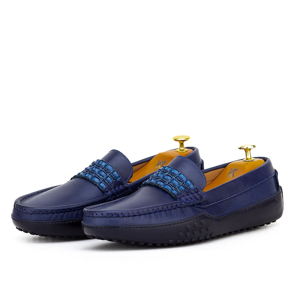 0114 Mocassins Homme en cuir bleu-marin