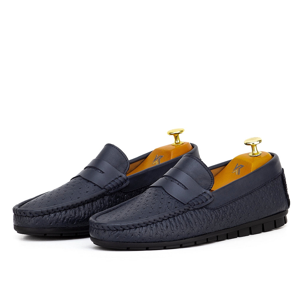0102 Mocassins Homme en cuir bleu-marin