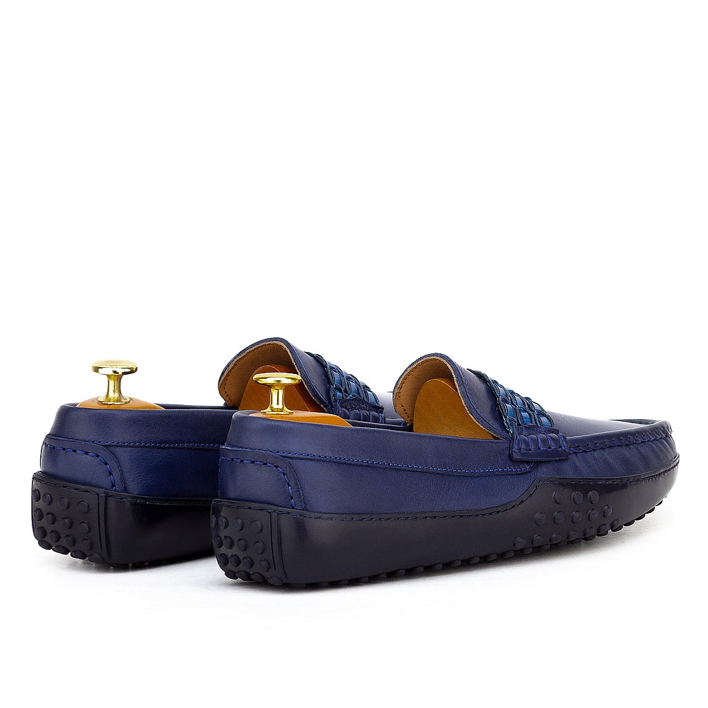 0114 Mocassins Homme en cuir bleu-marin