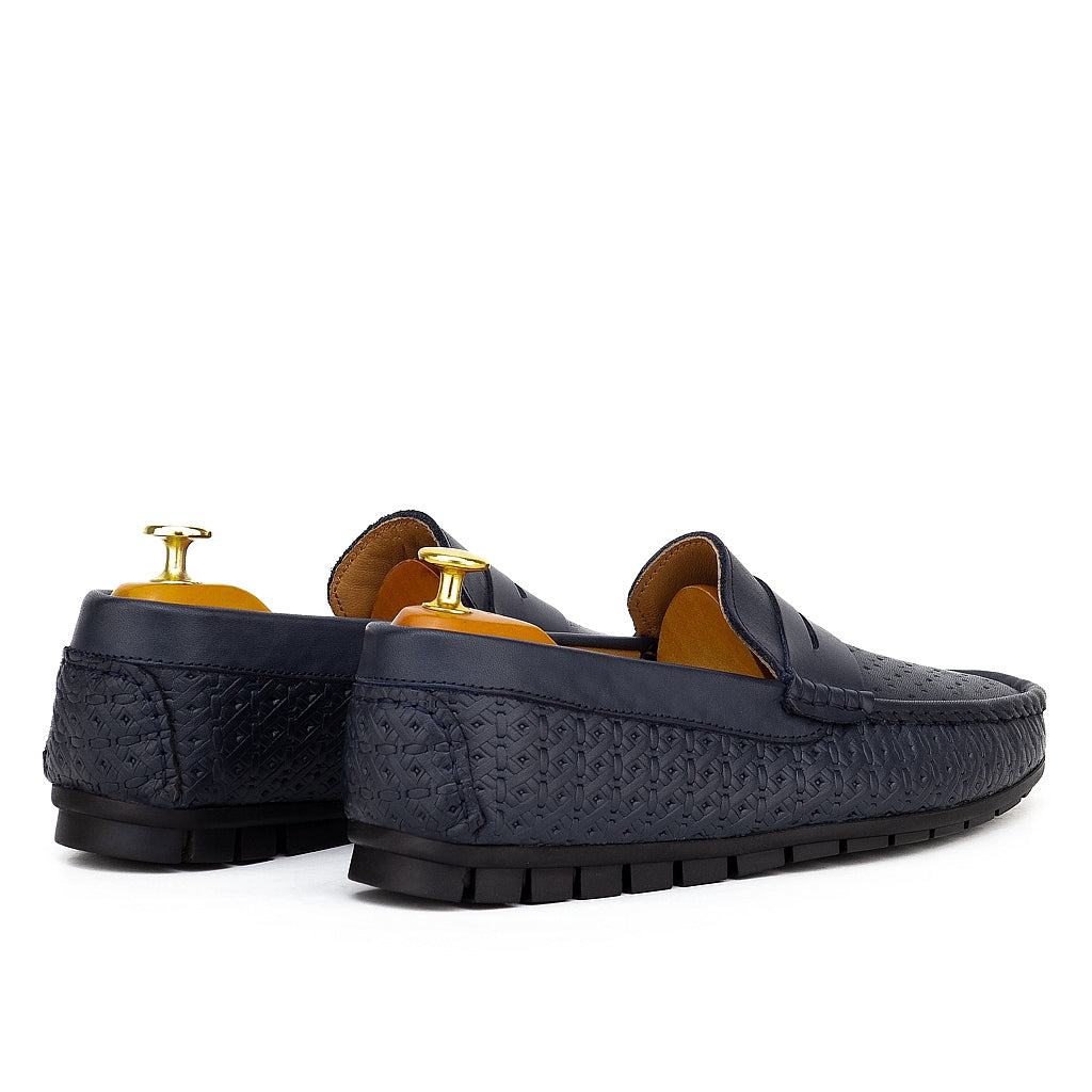 0102 Mocassins Homme en cuir bleu-marin