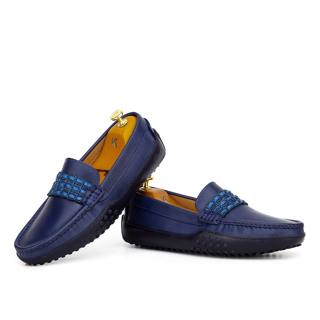 0114 Mocassins Homme en cuir bleu-marin