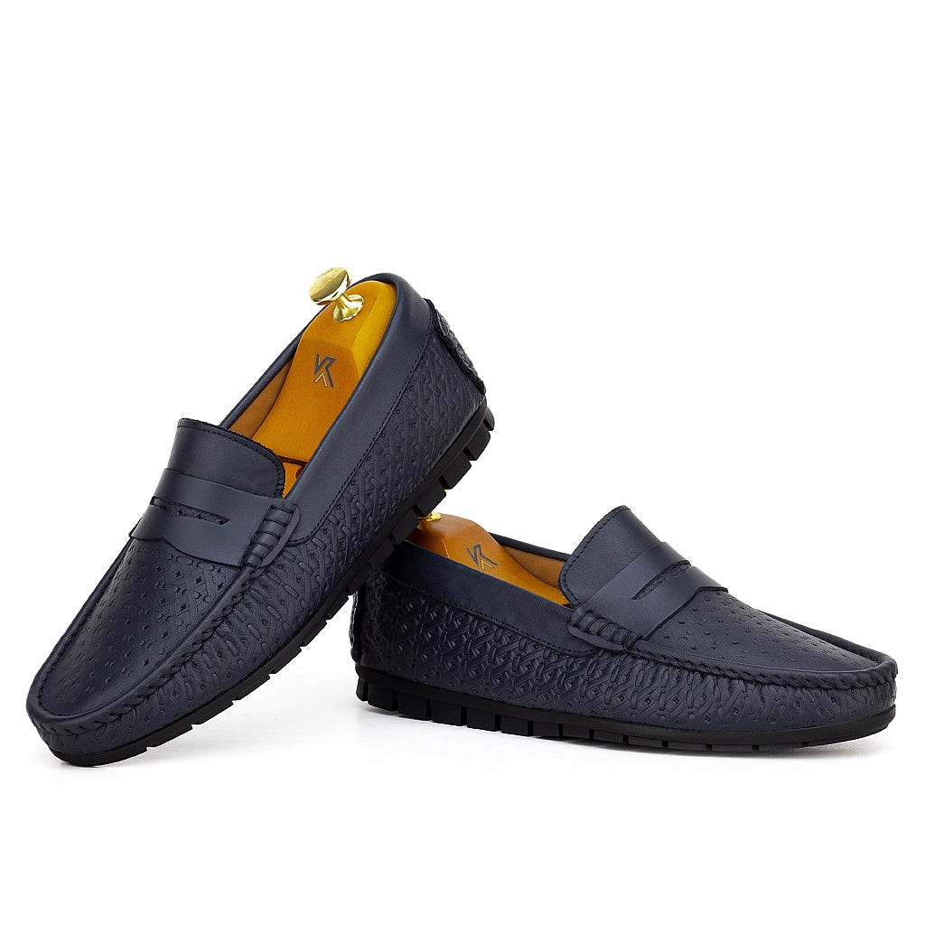 0102 Mocassins Homme en cuir bleu-marin