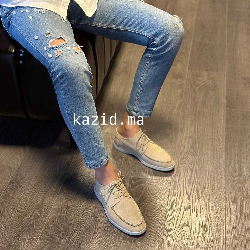 0108 Chaussures Homme Mocassins sports en cuir daim biege