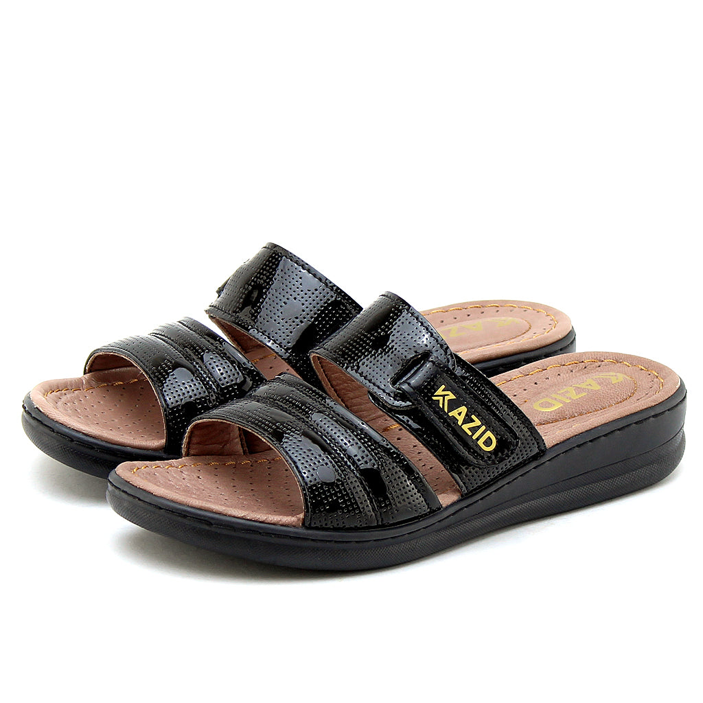 0640 sandale confort en cuir femme noir verni