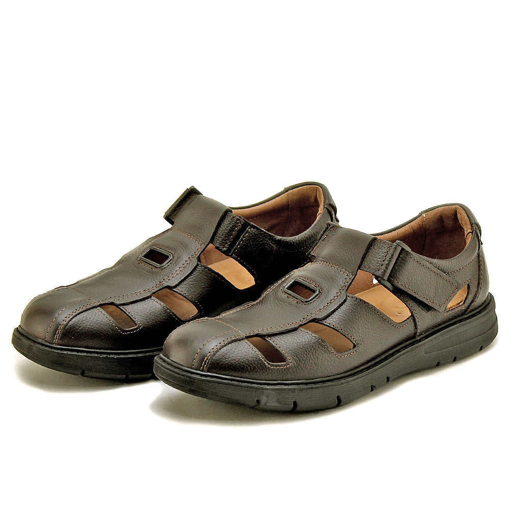 0205 sandale confort en cuir homme marron fonce